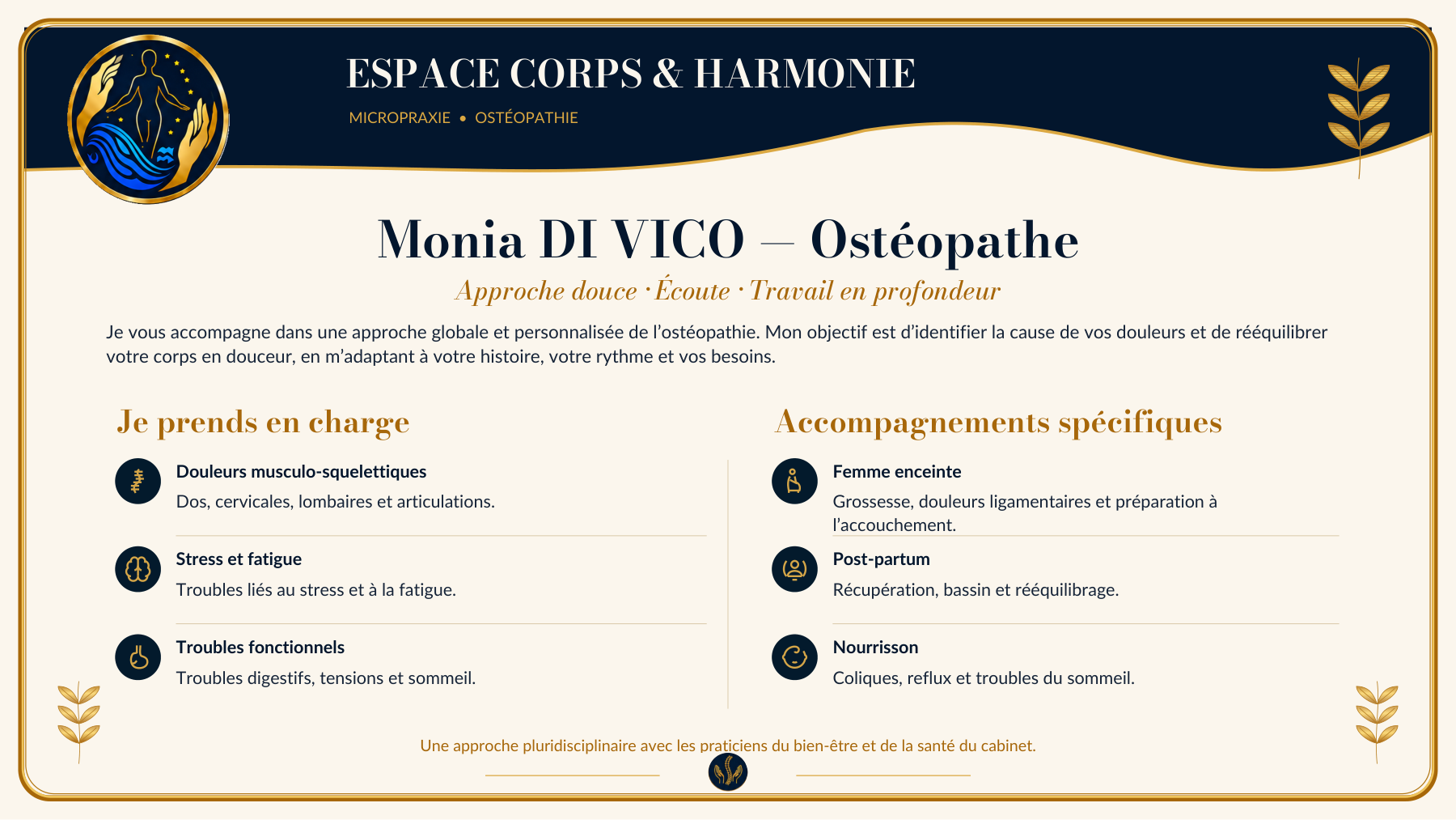Fiche de présentation de Monia Di Vico, ostéopathe